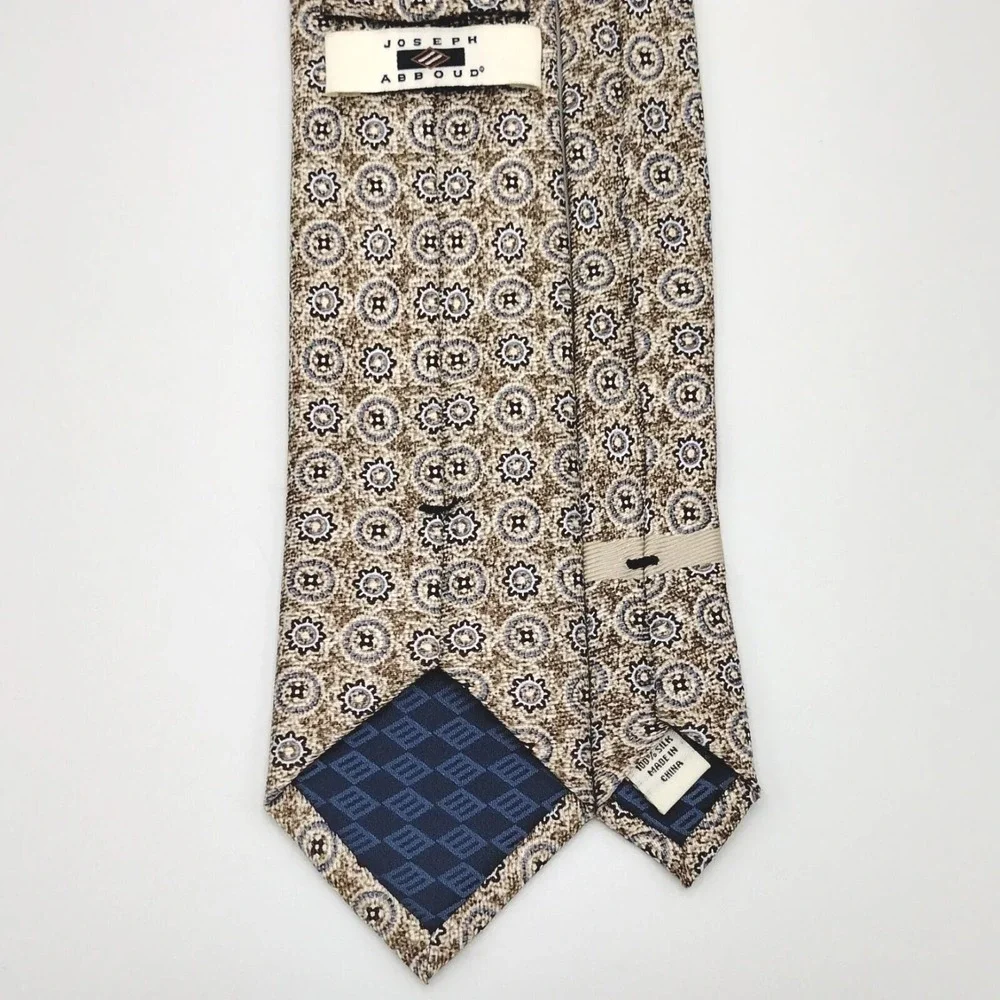 Joseph Abboud Mens OS Necktie Tan Brown Blue Silk Geometric Medallion Print Tie
